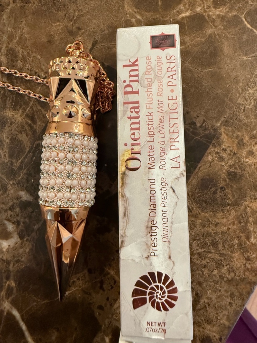 La Prestige Paris Rose Gold Lipstick Pendant Necklace with Pearls